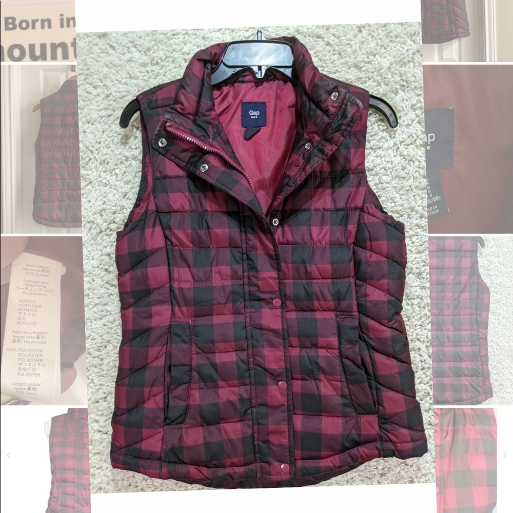 Gap Women's Vest, Small, Red and Black Plaid Full Zip Snaps Front Pockets Lined.